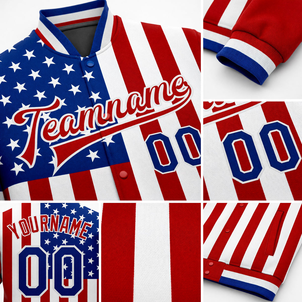 Custom White Royal-Red American Flag Fashion 3D Bomber Full-Snap Varsity Letterman Jacket detail