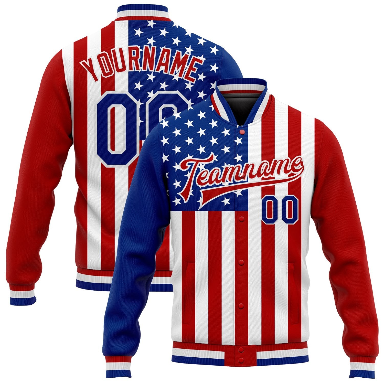 Custom White Royal-Red American Flag Fashion 3D Bomber Full-Snap Varsity Letterman Jacket photo 1
