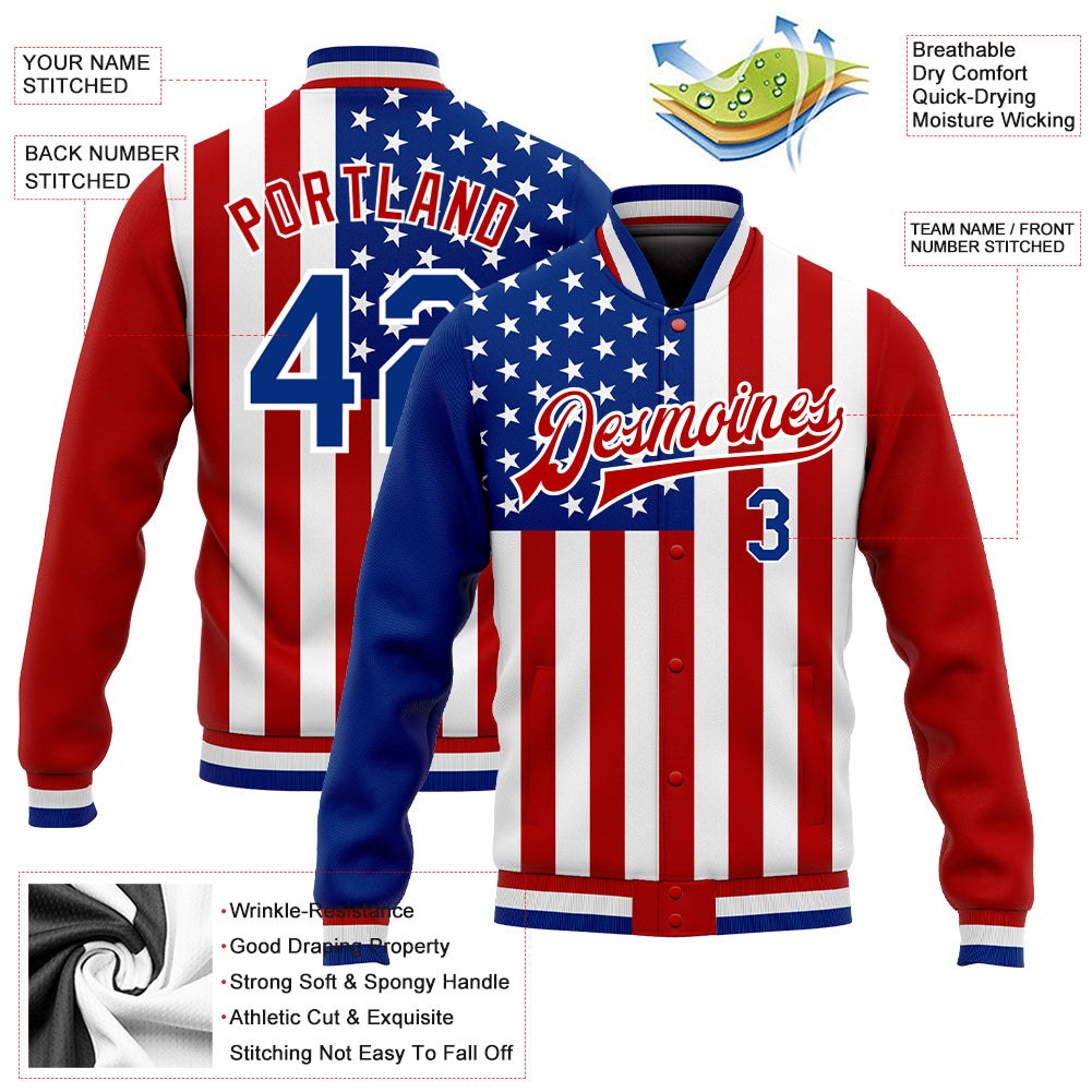 Custom White Royal-Red American Flag Fashion 3D Bomber Full-Snap Varsity Letterman Jacket photo 5