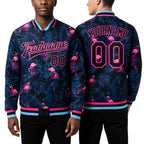 Custom Black Black Pink-Light Blue Hawaii Palm Trees And Flamingo 3D Bomber Full-Snap Varsity Letterman Jacket worn front and back