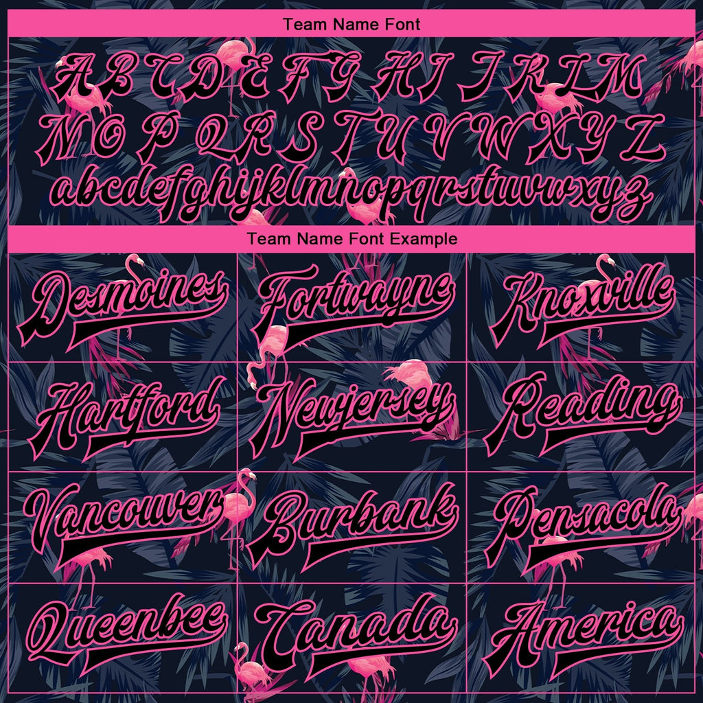 Custom Black Black Pink-Light Blue Hawaii Palm Trees And Flamingo 3D Bomber Full-Snap Varsity Letterman Jacket photo 5