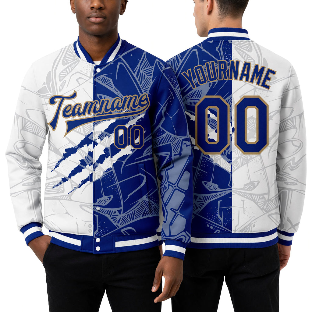 Custom Graffiti Pattern Royal-Old Gold Scratch 3D Bomber Full-Snap Varsity Letterman Jacket worn front and back