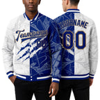 Custom Graffiti Pattern Royal-Old Gold Scratch 3D Bomber Full-Snap Varsity Letterman Jacket worn front and back