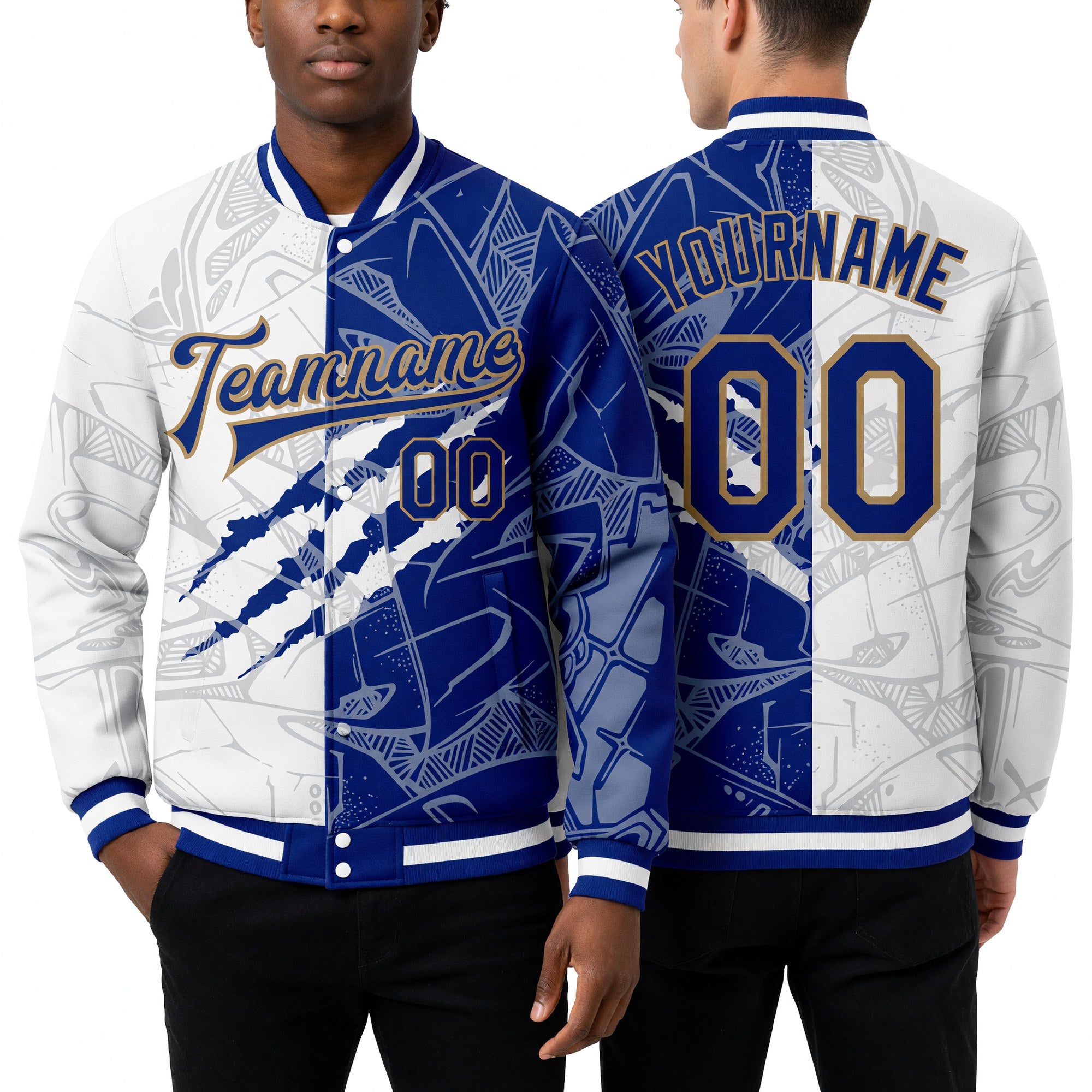 Custom Graffiti Pattern Royal-Old Gold Scratch 3D Bomber Full-Snap Varsity Letterman Jacket worn front and back