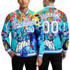 Custom Graffiti Pattern White-Light Blue Abstract 3D Bomber Full-Snap Varsity Letterman Jacket worn front and back