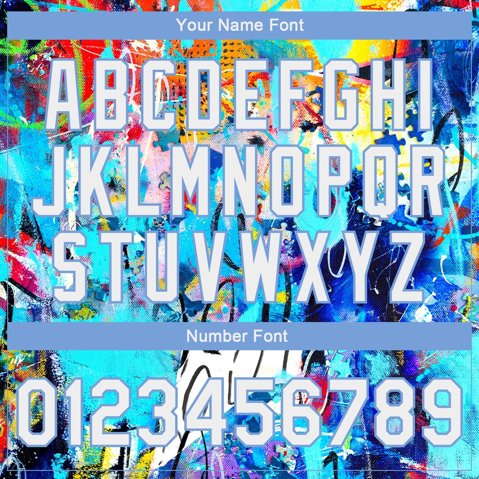 Custom Graffiti Pattern White-Light Blue Abstract 3D Bomber Full-Snap Varsity Letterman Jacket photo 6