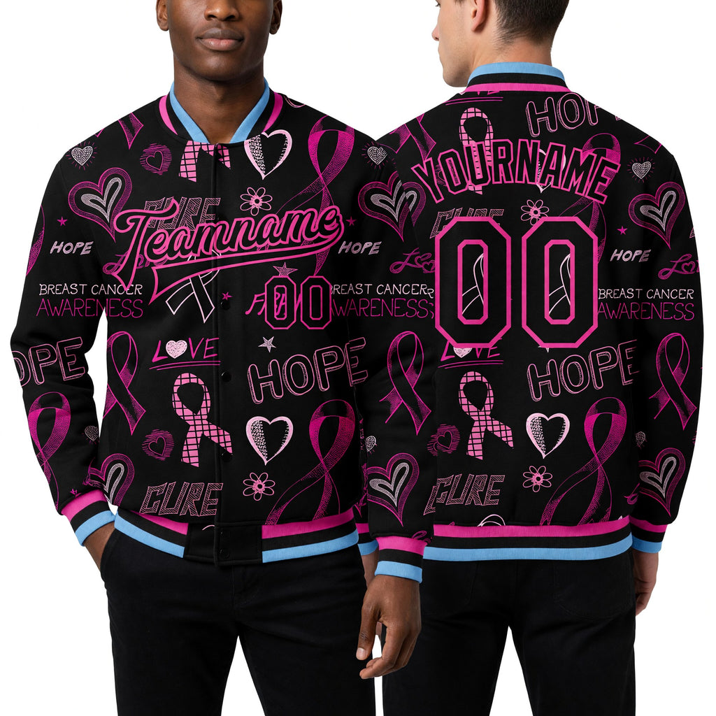Custom Black Black Pink-Light Blue Pink Ribbon Breast Cancer Awareness 3D Pattern Design Bomber Full-Snap Varsity Letterman Jacket worn front and back