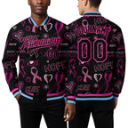 Custom Black Black Pink-Light Blue Pink Ribbon Breast Cancer Awareness 3D Pattern Design Bomber Full-Snap Varsity Letterman Jacket worn front and back