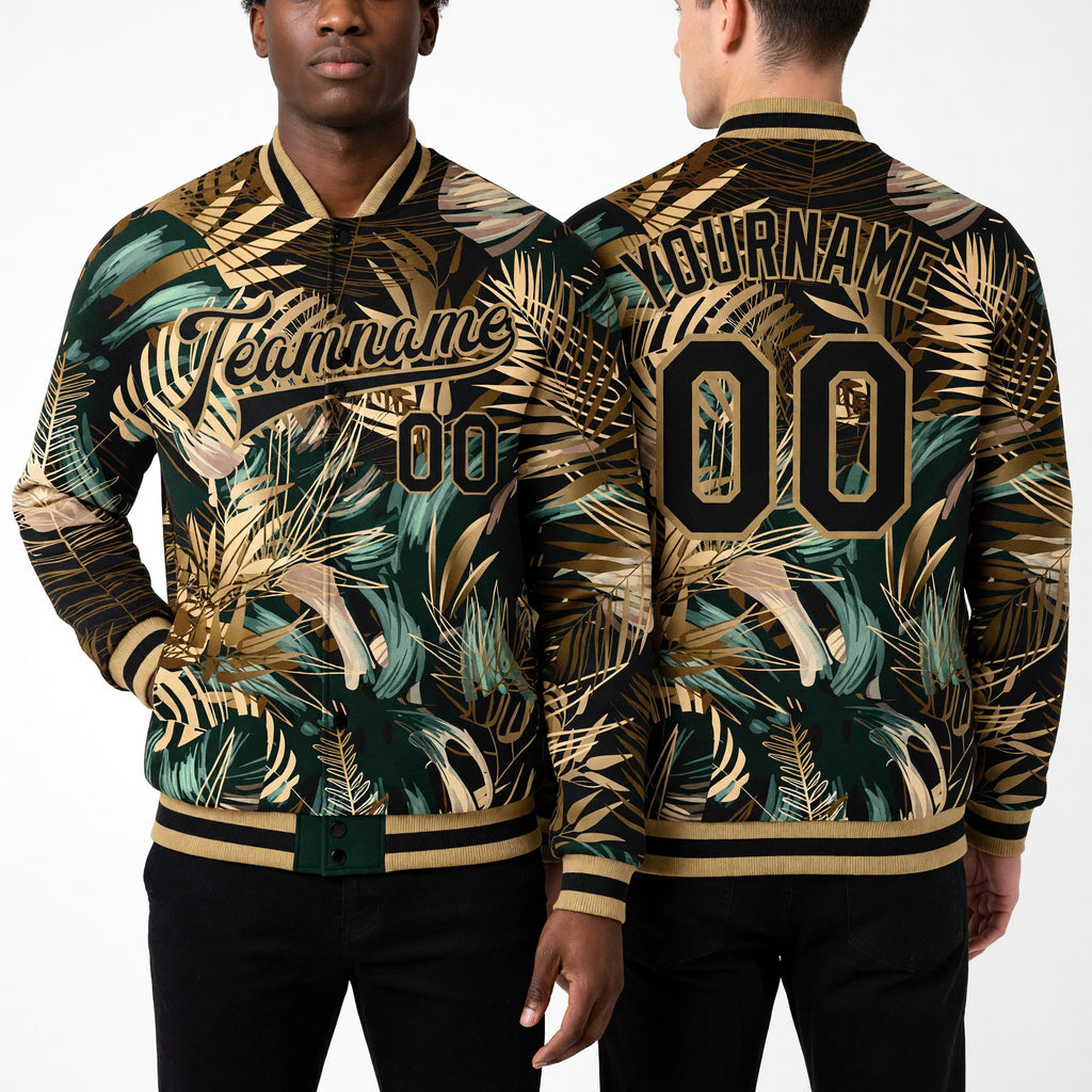 Custom Black Black-Old Gold Hawaii Palm Trees 3D Bomber Full-Snap Varsity Letterman Jacket worn front and back