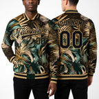Custom Black Black-Old Gold Hawaii Palm Trees 3D Bomber Full-Snap Varsity Letterman Jacket worn front and back
