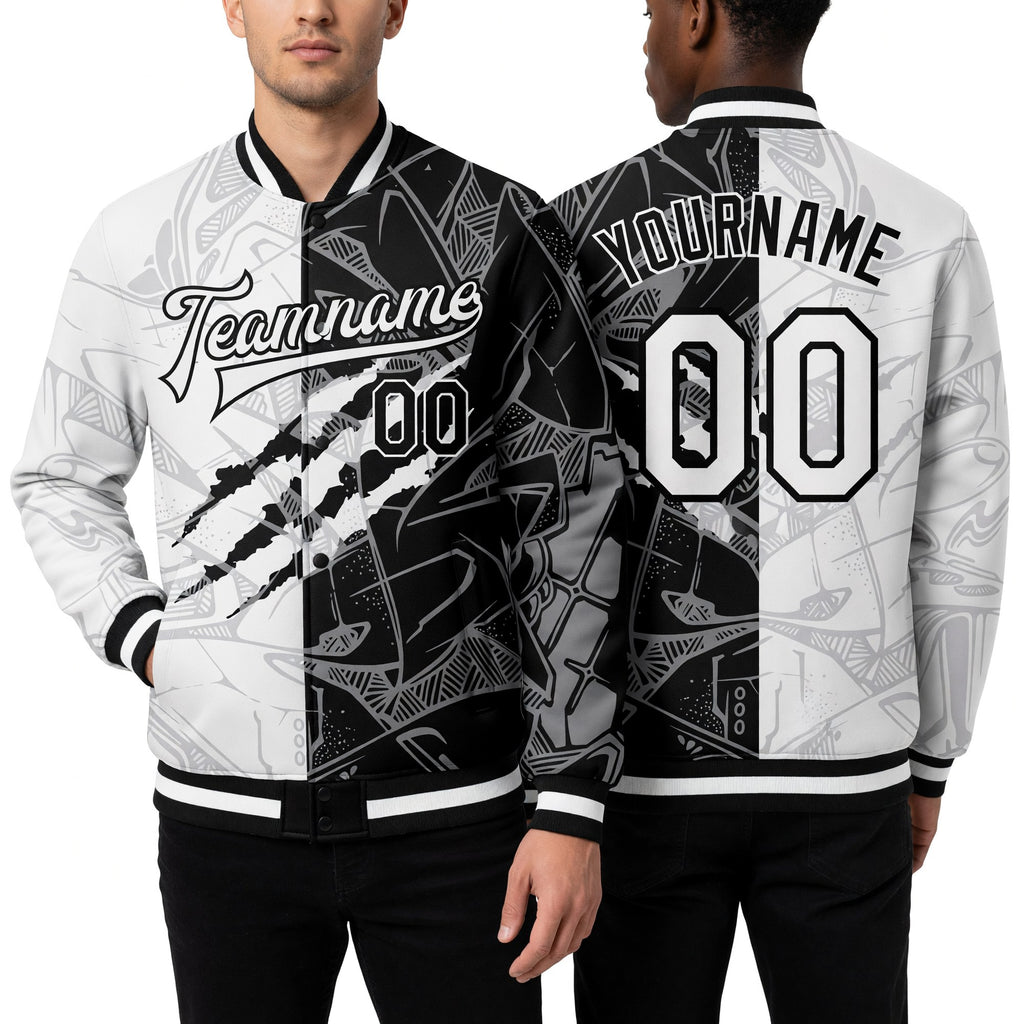 Custom Graffiti Pattern White-Black Scratch 3D Bomber Full-Snap Varsity Letterman Jacket worn front and back