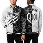 Custom Graffiti Pattern White-Black Scratch 3D Bomber Full-Snap Varsity Letterman Jacket worn front and back