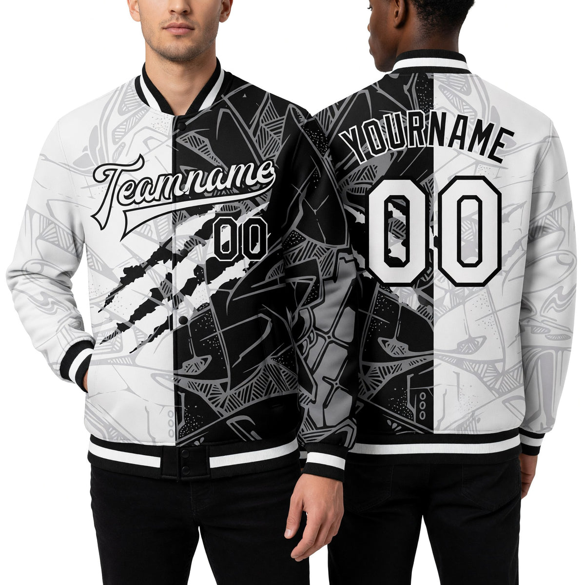Custom Graffiti Pattern White-Black Scratch 3D Bomber Full-Snap Varsity Letterman Jacket worn front and back