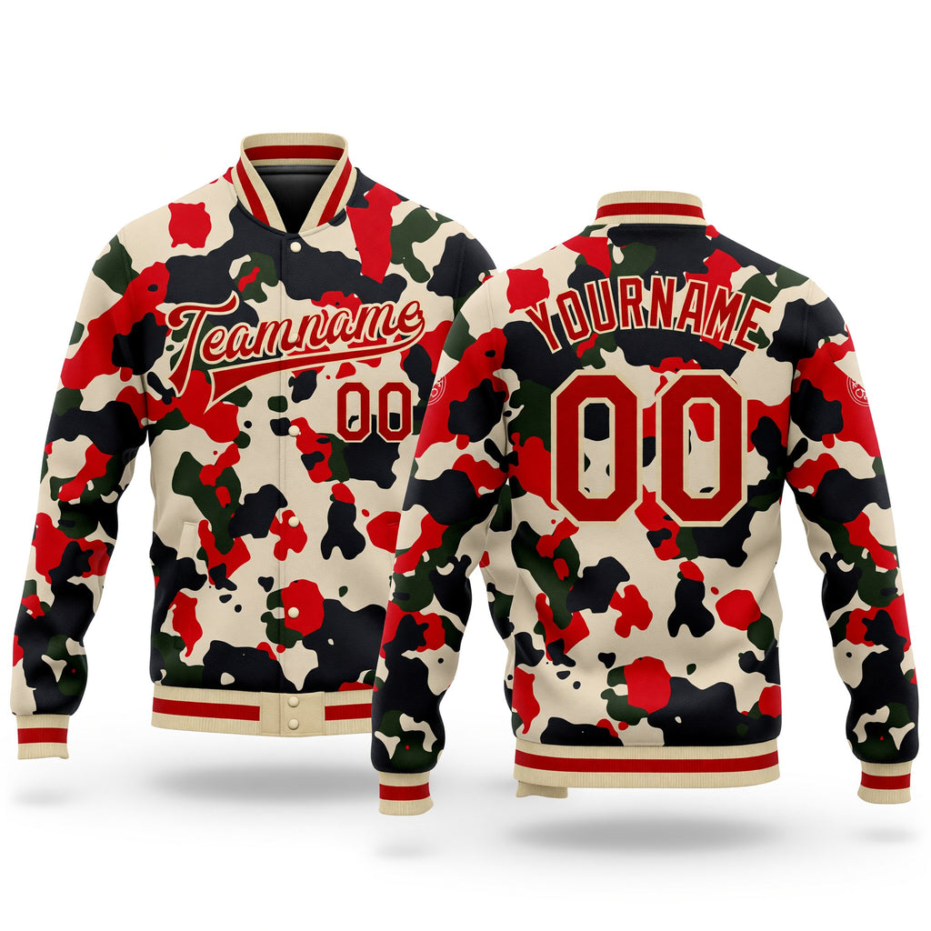 Custom Camo Red-Cream 3D Bomber Full-Snap Varsity Letterman Salute To Service Jacket
