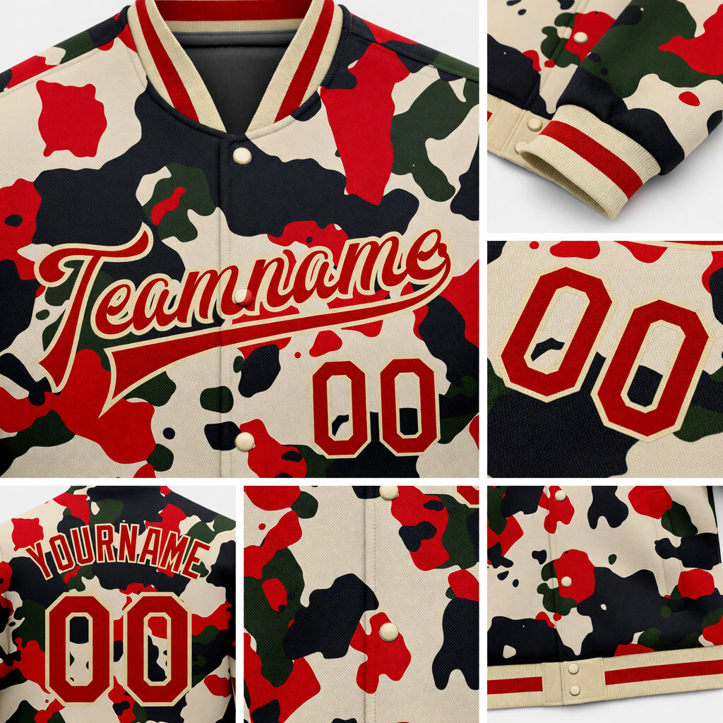 Custom Camo Red-Cream 3D Bomber Full-Snap Varsity Letterman Salute To Service Jacket detail
