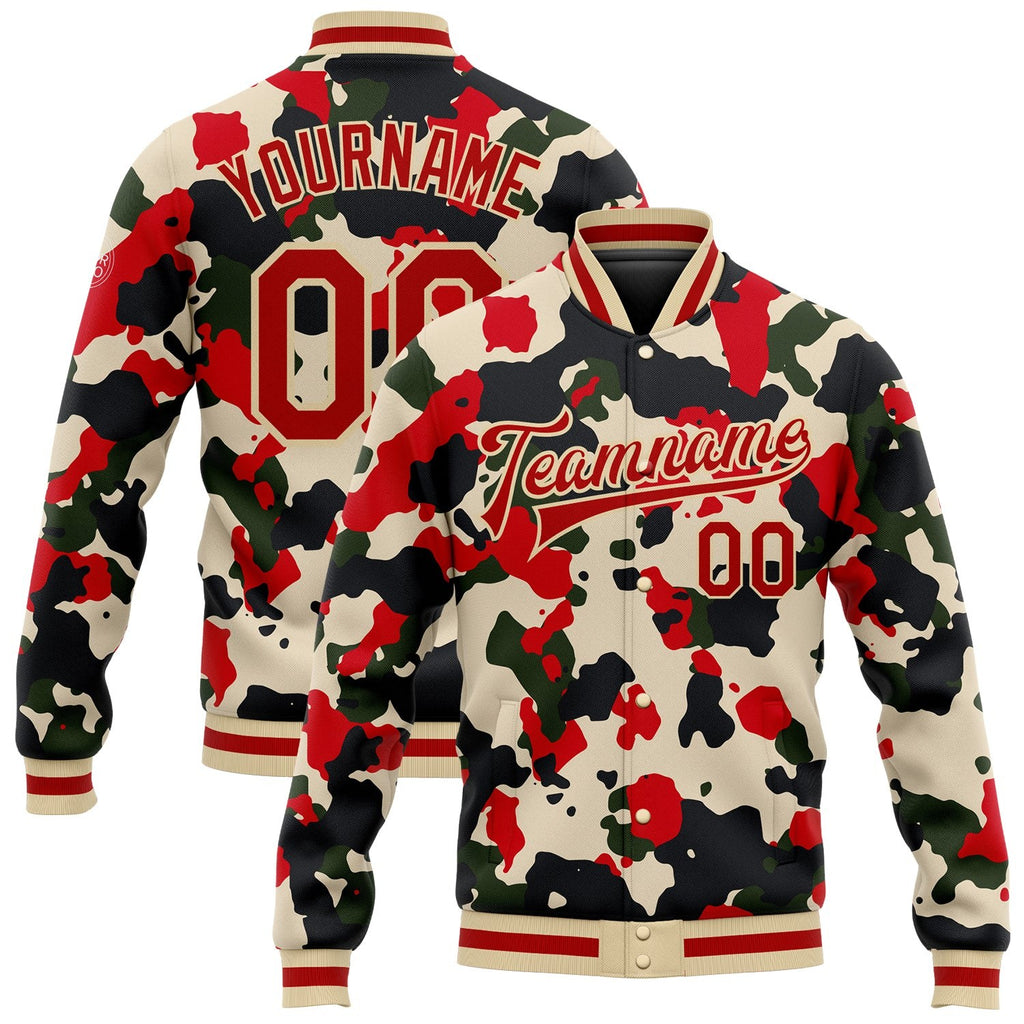 Custom Camo Red-Cream 3D Bomber Full-Snap Varsity Letterman Salute To Service Jacket photo 1