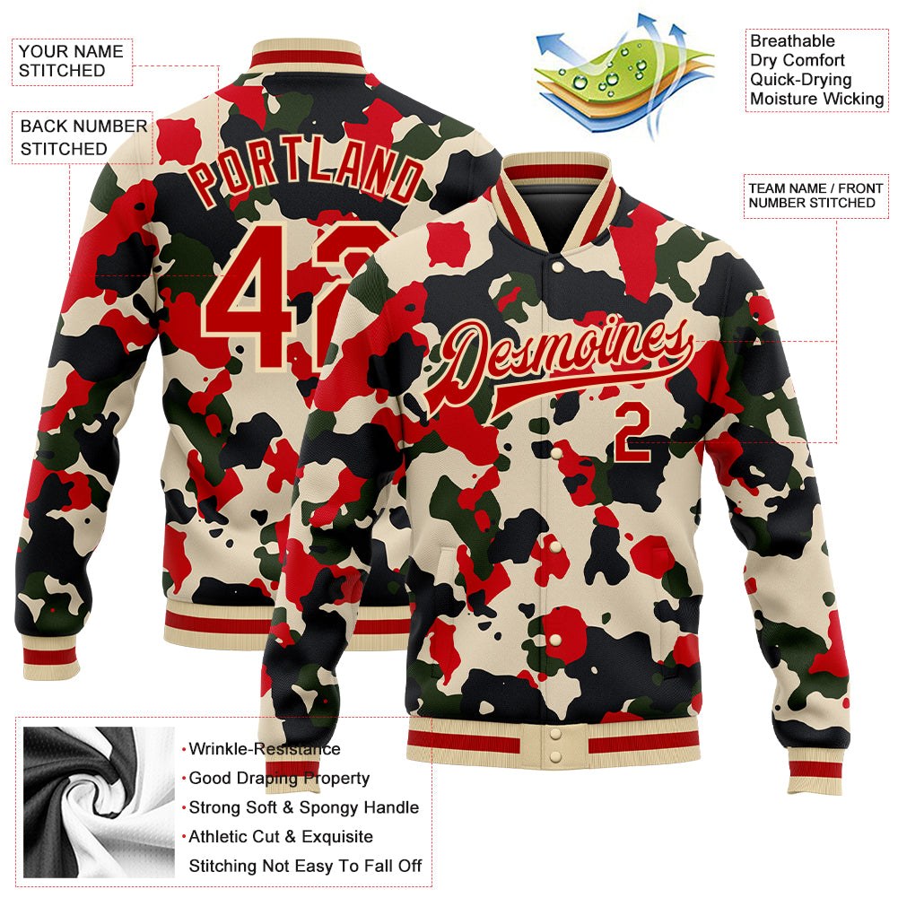 Custom Camo Red-Cream 3D Bomber Full-Snap Varsity Letterman Salute To Service Jacket photo 5