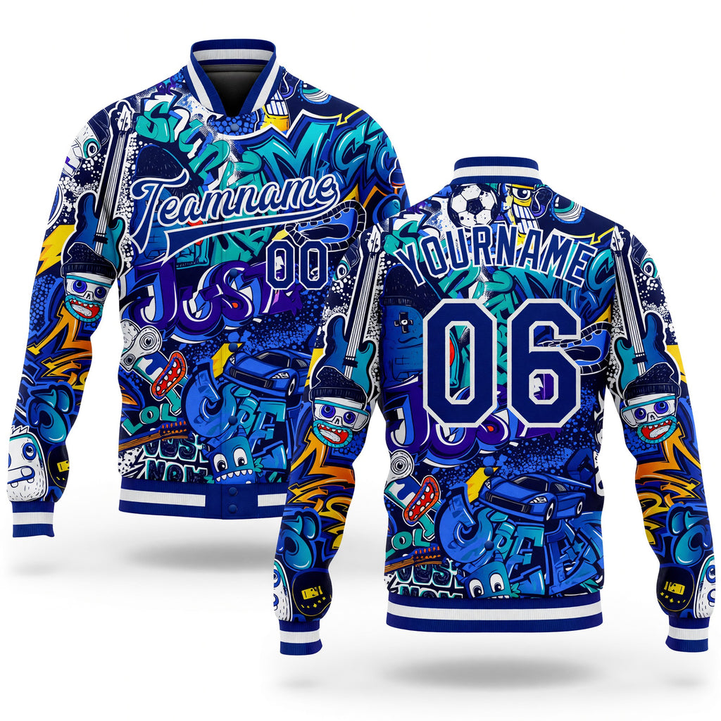 Custom Graffiti Pattern Royal-White Abstract Urban Street Art 3D Bomber Full-Snap Varsity Letterman Jacket