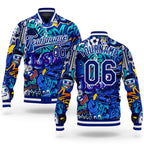 Custom Graffiti Pattern Royal-White Abstract Urban Street Art 3D Bomber Full-Snap Varsity Letterman Jacket