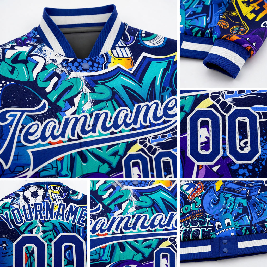 Custom Graffiti Pattern Royal-White Abstract Urban Street Art 3D Bomber Full-Snap Varsity Letterman Jacket detail