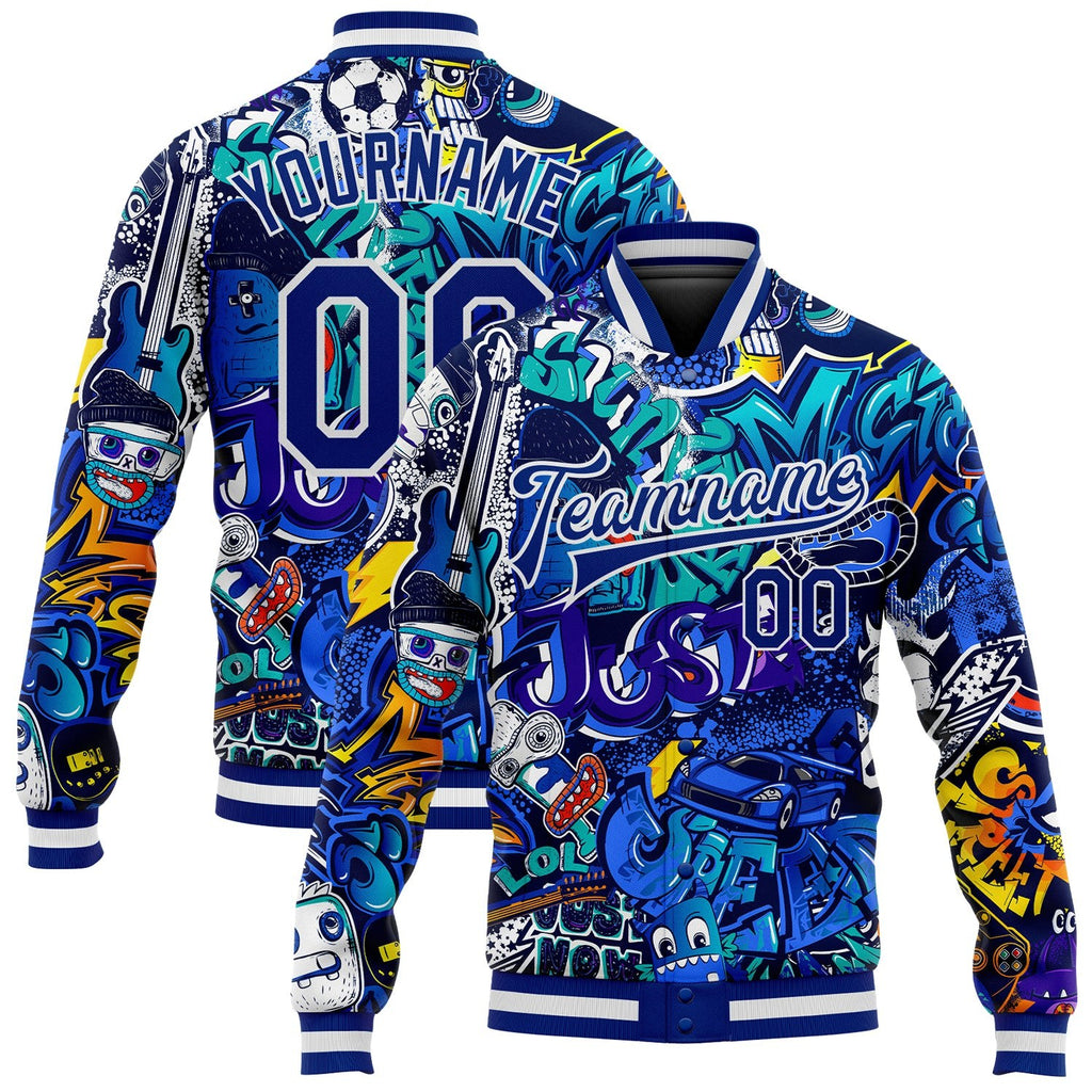Custom Graffiti Pattern Royal-White Abstract Urban Street Art 3D Bomber Full-Snap Varsity Letterman Jacket photo 1