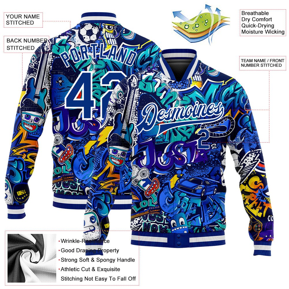 Custom Graffiti Pattern Royal-White Abstract Urban Street Art 3D Bomber Full-Snap Varsity Letterman Jacket photo 5