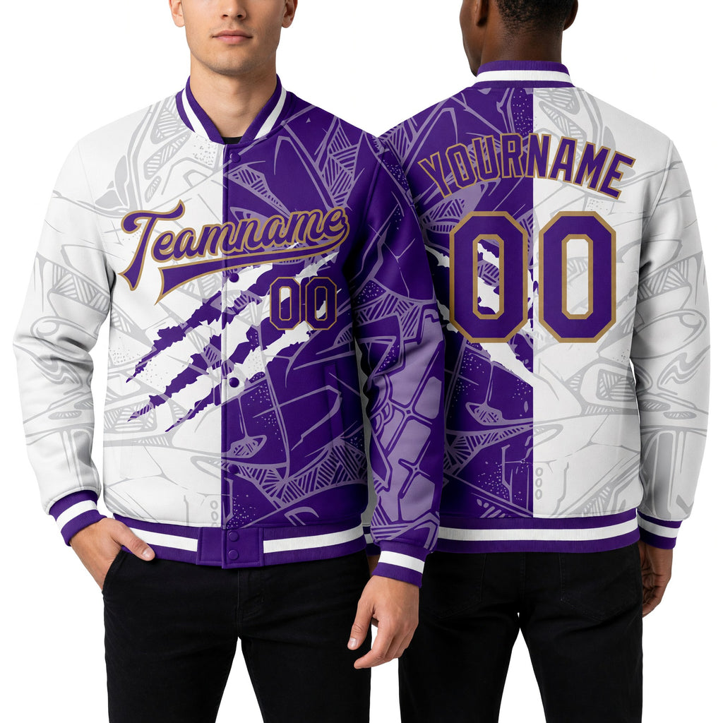 Custom Graffiti Pattern Purple-Old Gold Scratch 3D Bomber Full-Snap Varsity Letterman Jacket worn front and back