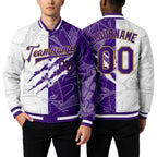 Custom Graffiti Pattern Purple-Old Gold Scratch 3D Bomber Full-Snap Varsity Letterman Jacket worn front and back