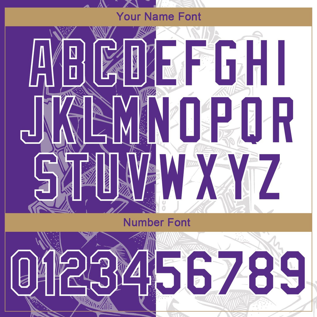 Custom Graffiti Pattern Purple-Old Gold Scratch 3D Bomber Full-Snap Varsity Letterman Jacket photo 6