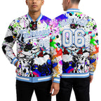 Custom Graffiti Pattern White-Light Blue Splashes 3D Bomber Full-Snap Varsity Letterman Jacket worn front and back