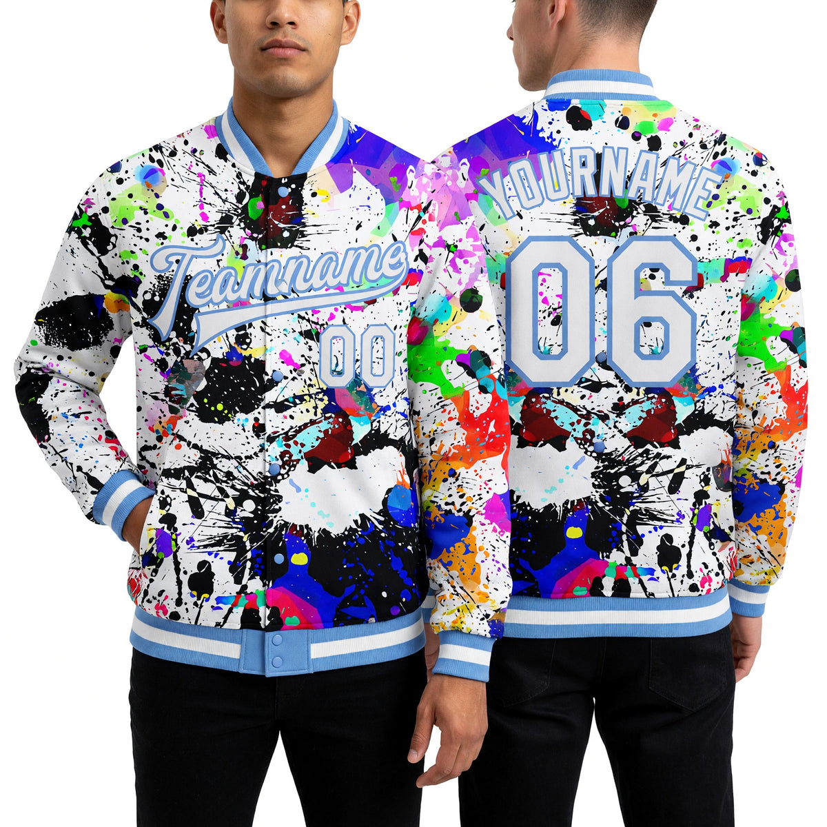 Custom Graffiti Pattern White-Light Blue Splashes 3D Bomber Full-Snap Varsity Letterman Jacket worn front and back