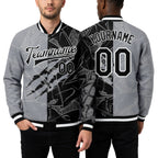 Custom Graffiti Pattern Black-Gray Scratch 3D Bomber Full-Snap Varsity Letterman Jacket worn front and back
