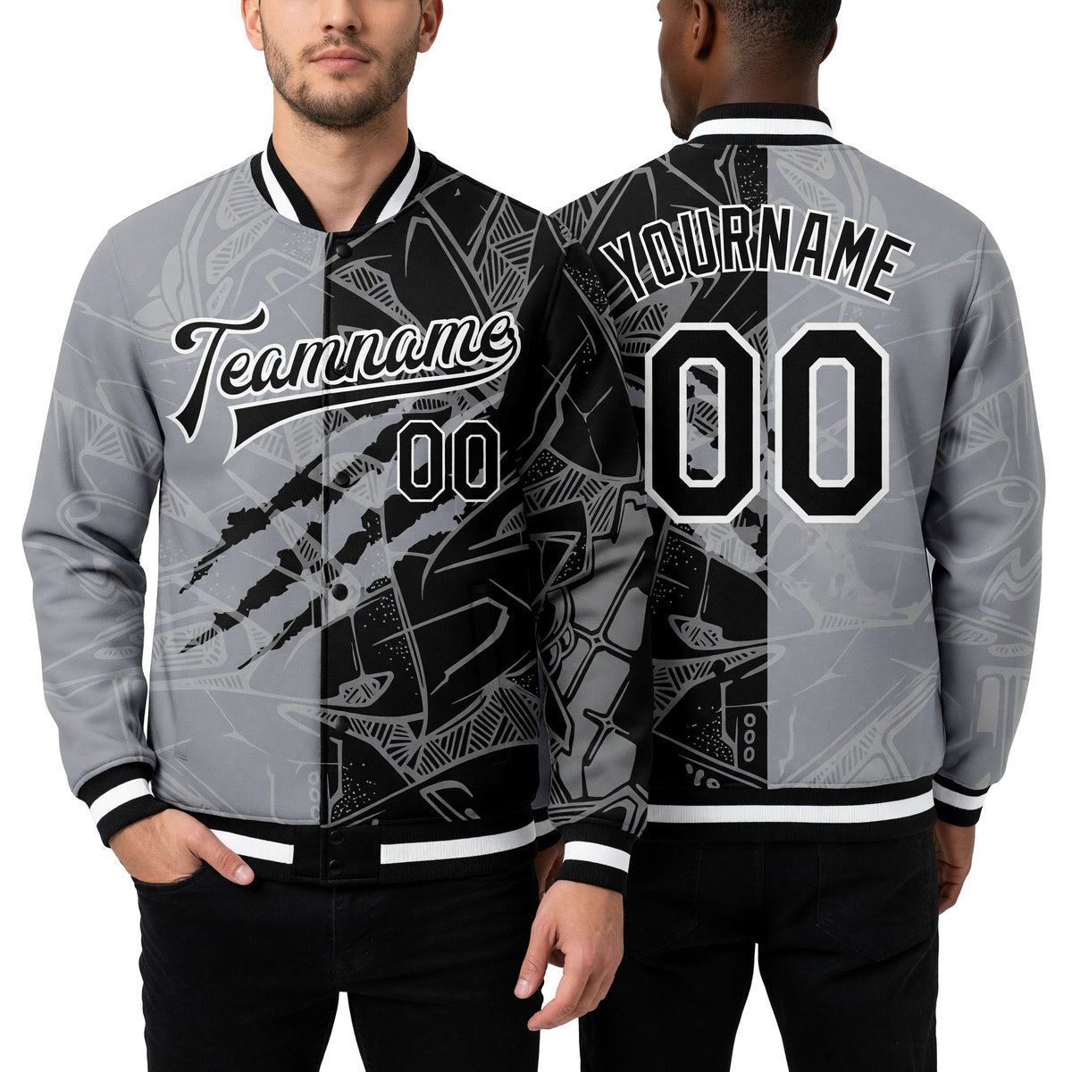 Custom Graffiti Pattern Black-Gray Scratch 3D Bomber Full-Snap Varsity Letterman Jacket worn front and back
