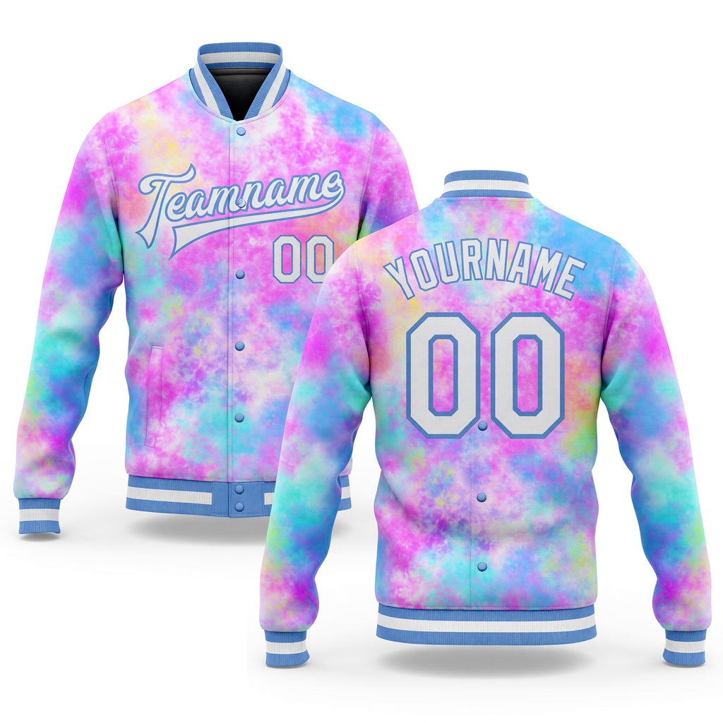 Custom Tie Dye White-Light Blue Rainbow 3D Bomber Full-Snap Varsity Letterman Jacket