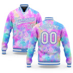 Custom Tie Dye White-Light Blue Rainbow 3D Bomber Full-Snap Varsity Letterman Jacket