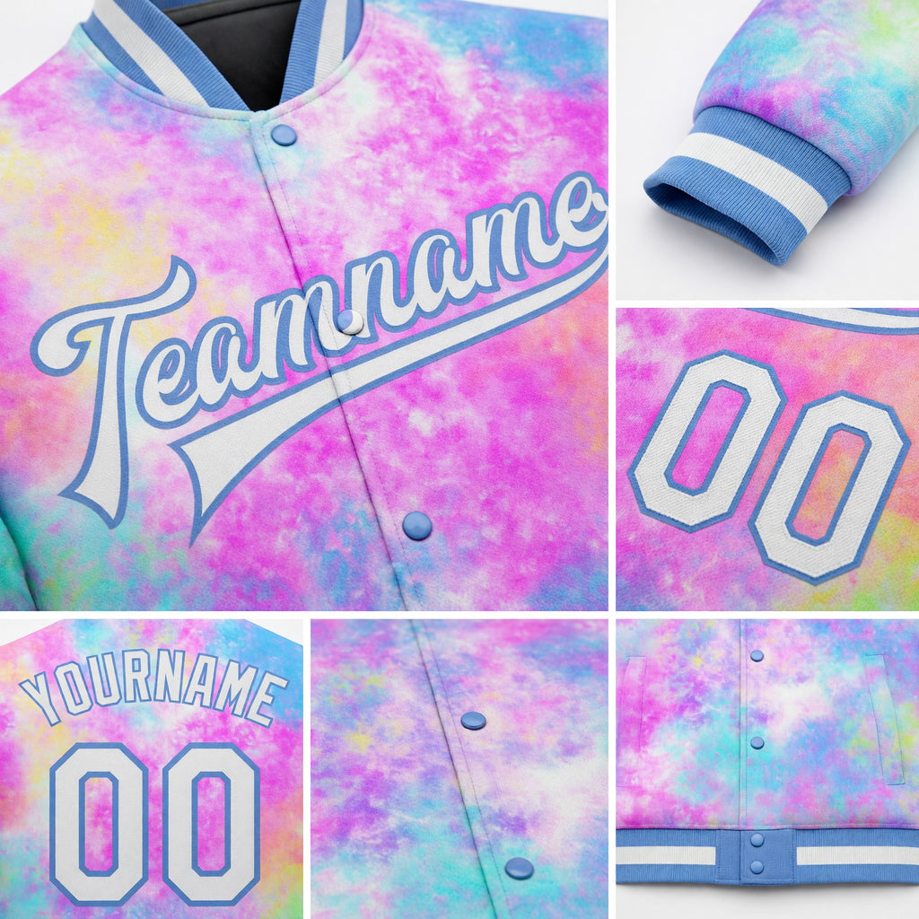 Custom Tie Dye White-Light Blue Rainbow 3D Bomber Full-Snap Varsity Letterman Jacket detail