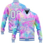 Custom Tie Dye White-Light Blue Rainbow 3D Bomber Full-Snap Varsity Letterman Jacket photo 1