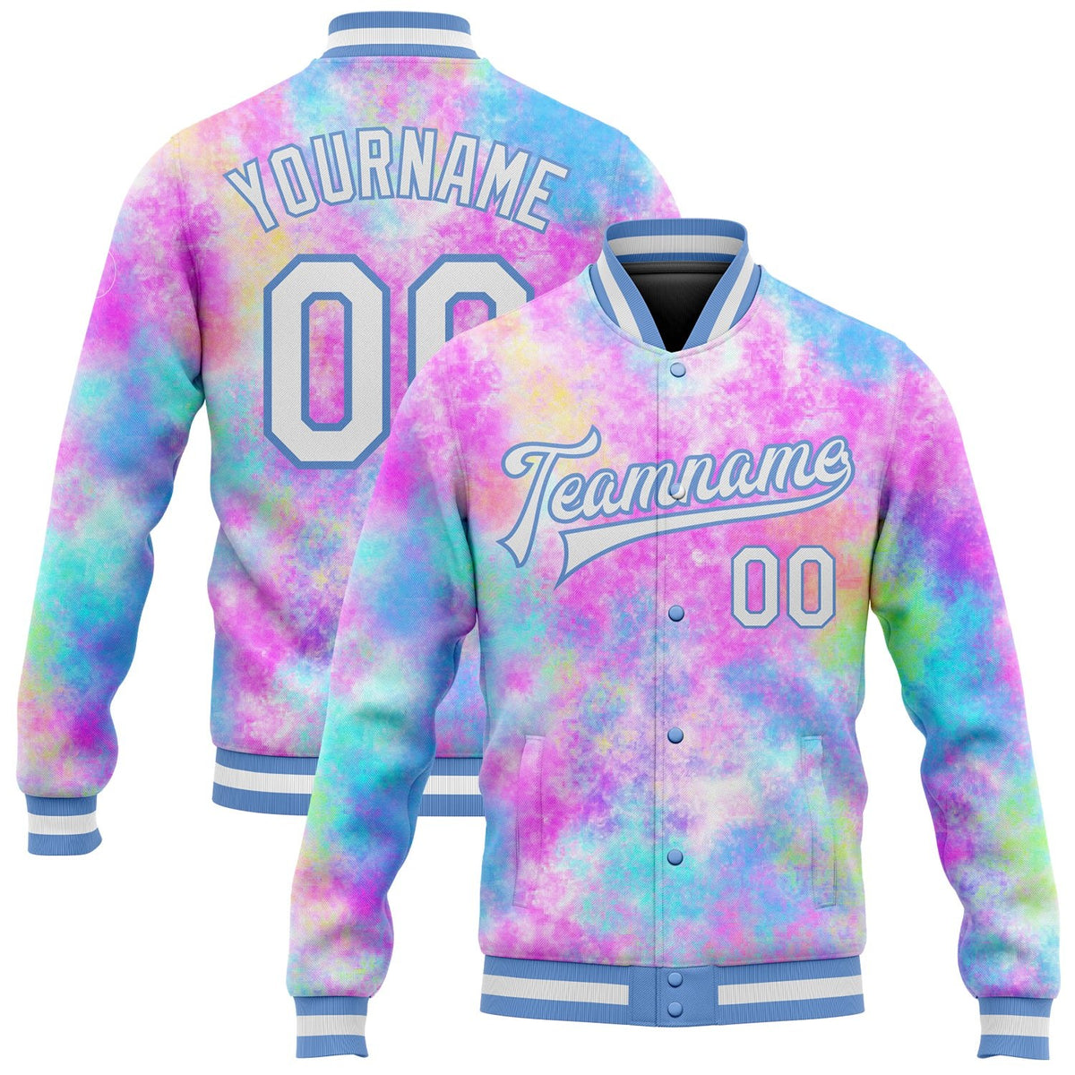 Custom Tie Dye White-Light Blue Rainbow 3D Bomber Full-Snap Varsity Letterman Jacket photo 1