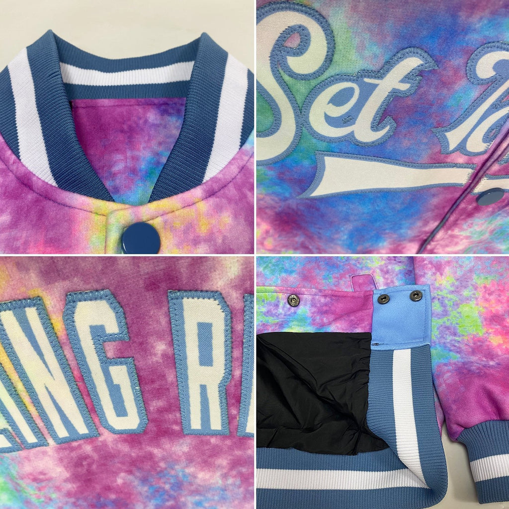 Custom Tie Dye White-Light Blue Rainbow 3D Bomber Full-Snap Varsity Letterman Jacket photo 4