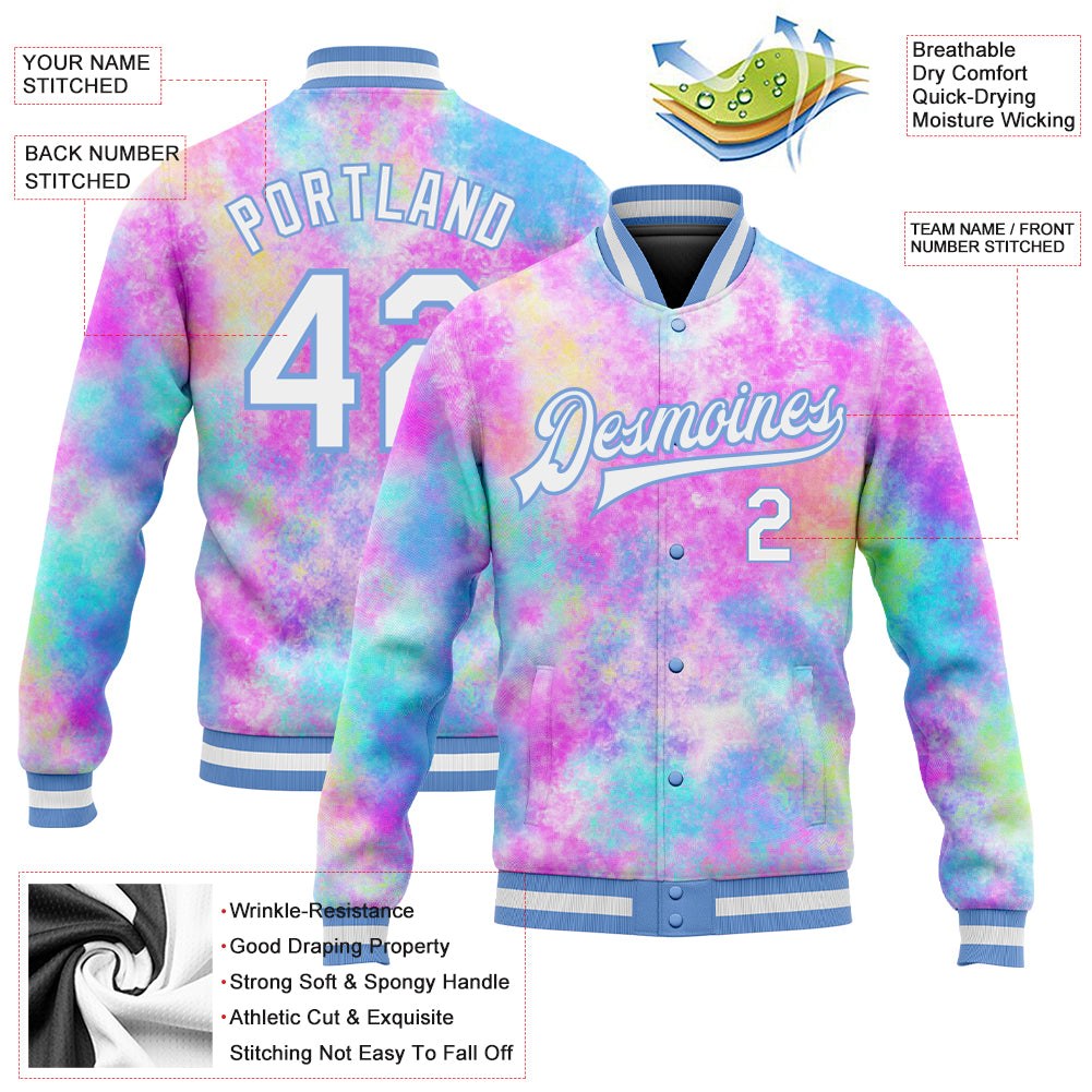Custom Tie Dye White-Light Blue Rainbow 3D Bomber Full-Snap Varsity Letterman Jacket photo 5