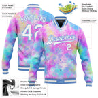 Custom Tie Dye White-Light Blue Rainbow 3D Bomber Full-Snap Varsity Letterman Jacket photo 5