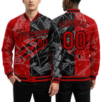 Custom Graffiti Pattern Red-Black Scratch 3D Bomber Full-Snap Varsity Letterman Jacket worn front and back