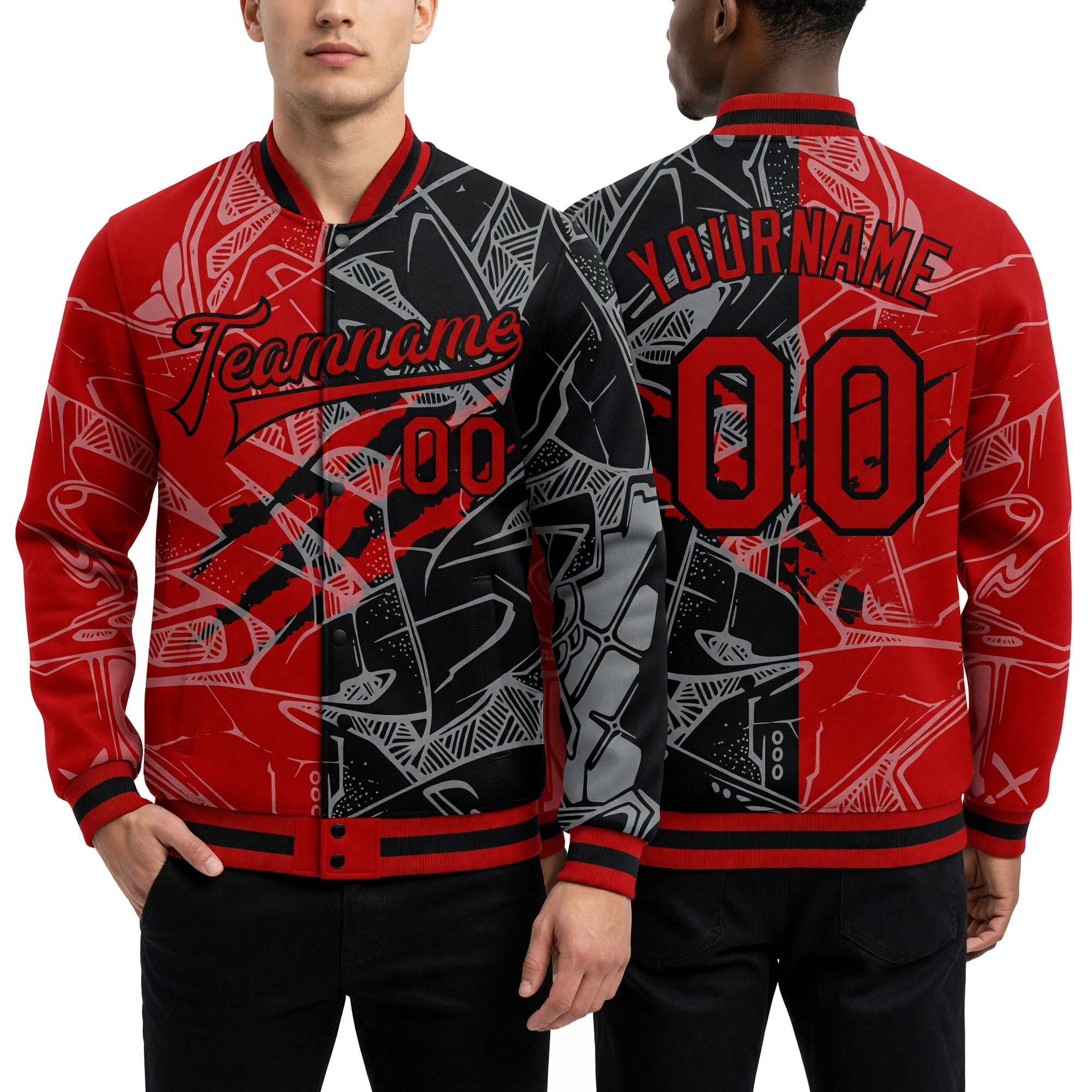 Custom Graffiti Pattern Red-Black Scratch 3D Bomber Full-Snap Varsity Letterman Jacket worn front and back