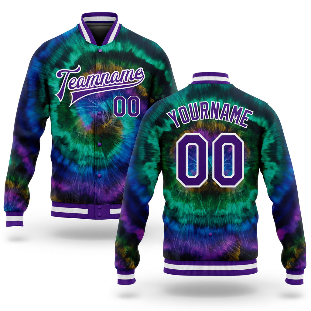 Custom Tie Dye Purple-White Rainbow 3D Bomber Full-Snap Varsity Letterman Jacket
