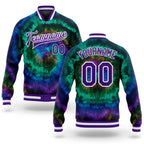 Custom Tie Dye Purple-White Rainbow 3D Bomber Full-Snap Varsity Letterman Jacket