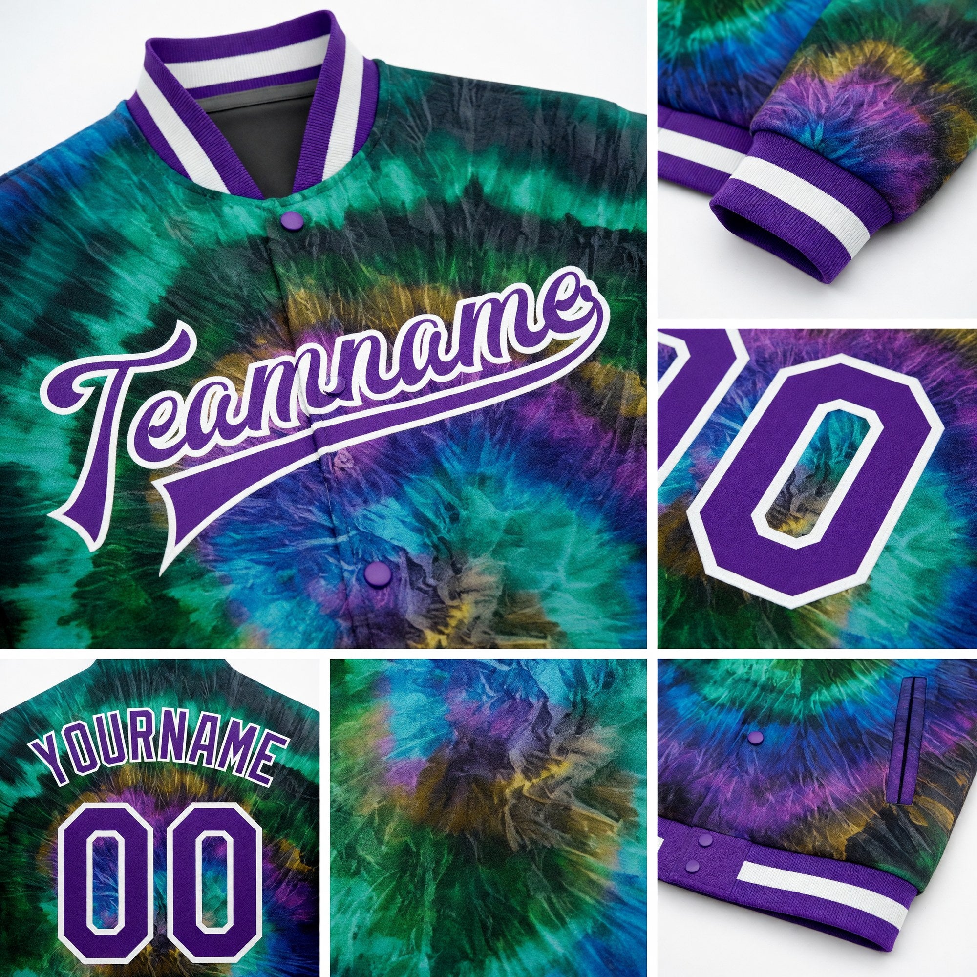 Custom Tie Dye Purple-White Rainbow 3D Bomber Full-Snap Varsity Letterman Jacket detail