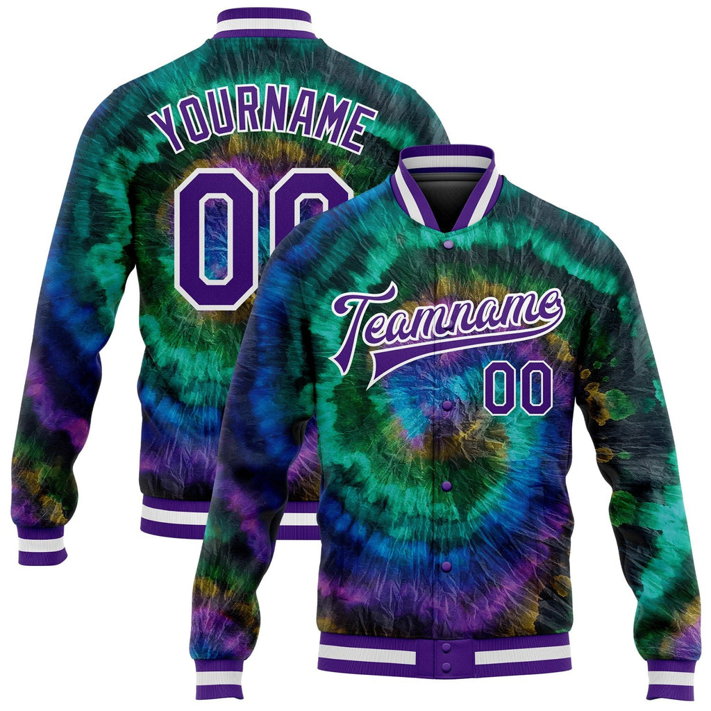 Custom Tie Dye Purple-White Rainbow 3D Bomber Full-Snap Varsity Letterman Jacket photo 1