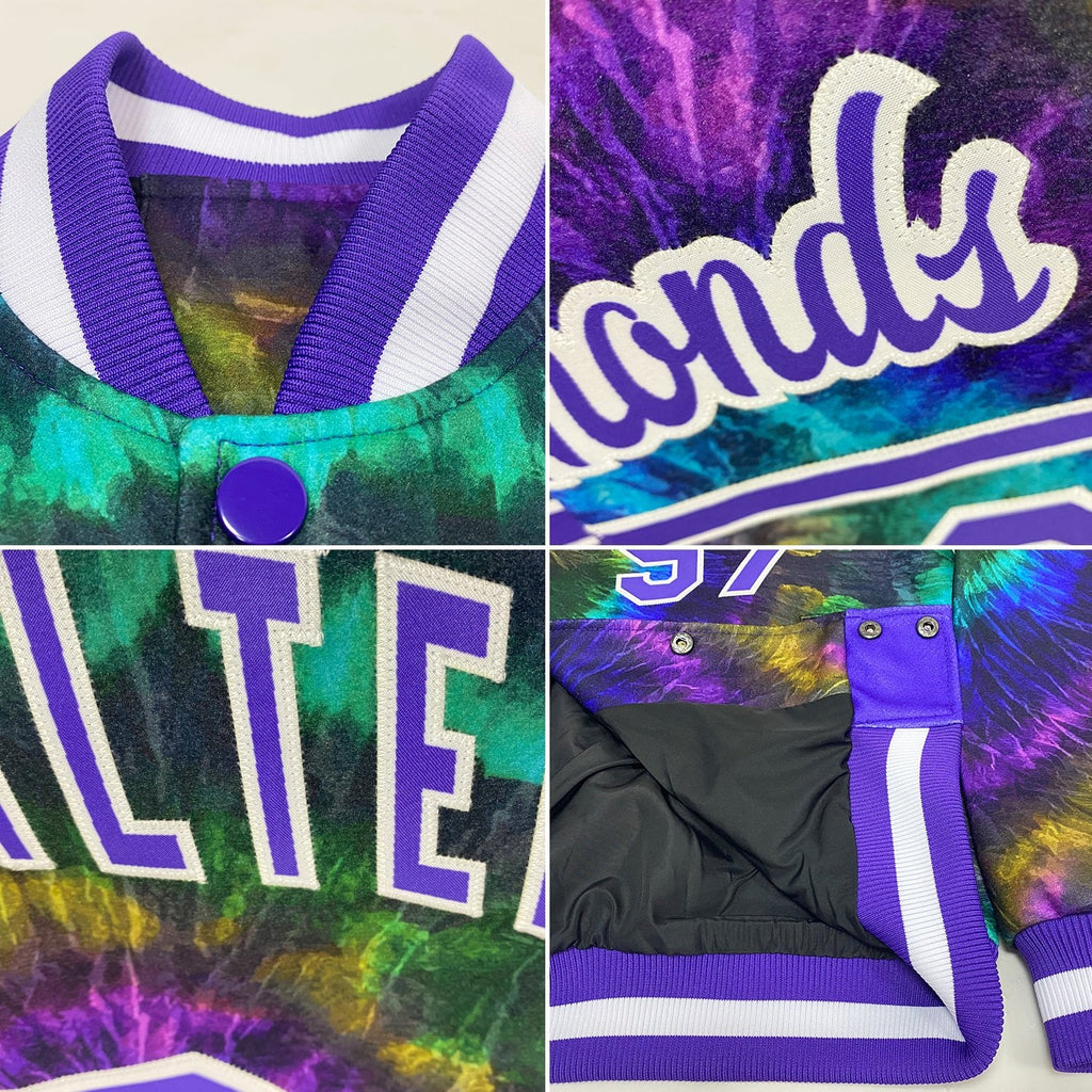 Custom Tie Dye Purple-White Rainbow 3D Bomber Full-Snap Varsity Letterman Jacket photo 4
