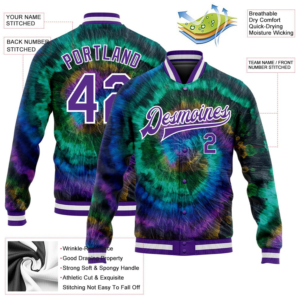 Custom Tie Dye Purple-White Rainbow 3D Bomber Full-Snap Varsity Letterman Jacket photo 5