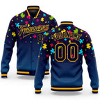 Custom Autism Supporter Awareness Puzzle Pieces Navy-Gold 3D Bomber Full-Snap Varsity Letterman Jacket